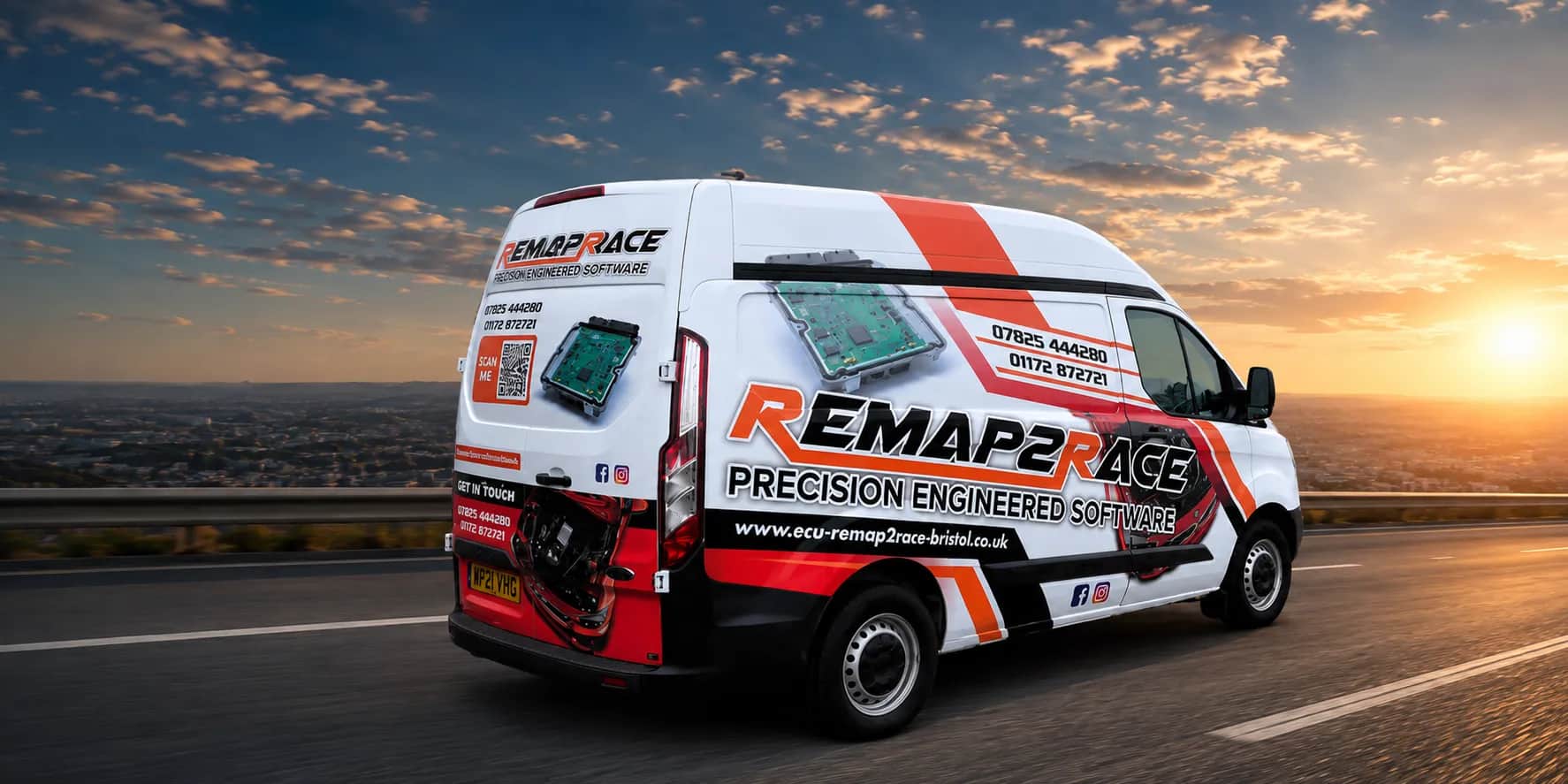The Remap2Race van on the road at sunset